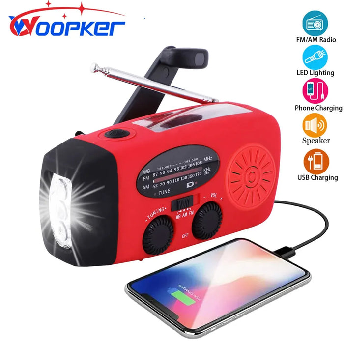 SOS Car Emergency Radio 2000mAh LED Light Large Capacity Hand Powered Solar Rechargeable Portable USB (FM/AM/NOAA) WB Radio