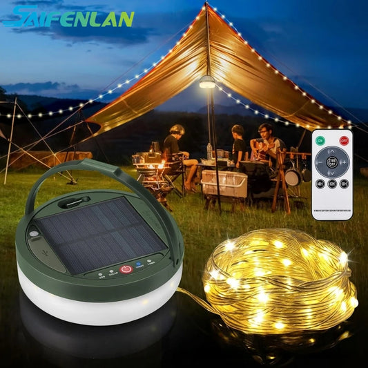 Solar Camping Lamp with String Lights LED Portable Waterproof Tent Lamp with 8 Lighting Modes Hanging Rechargeable Tent Lantern