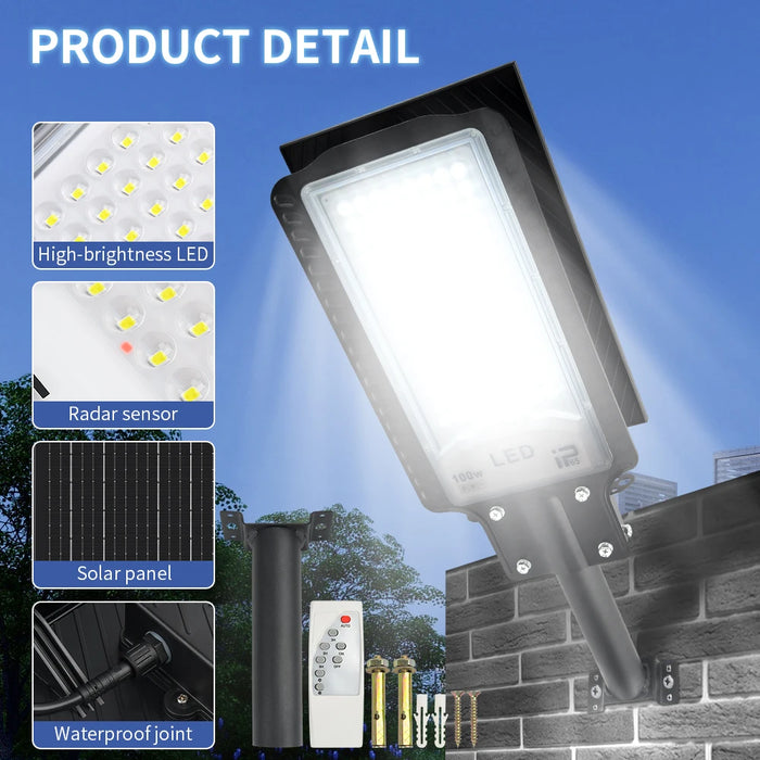 Outdoor Solar Street Lights LED IP65 Waterproof 100W Adjustable With Remote Control 1500LM For Driveway Garden Wall Fence