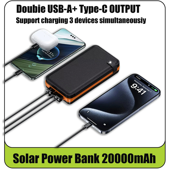 Folding solar panel power bank 20000, supports fast charging, sufficient capacity, LED emergency light suitable for travel