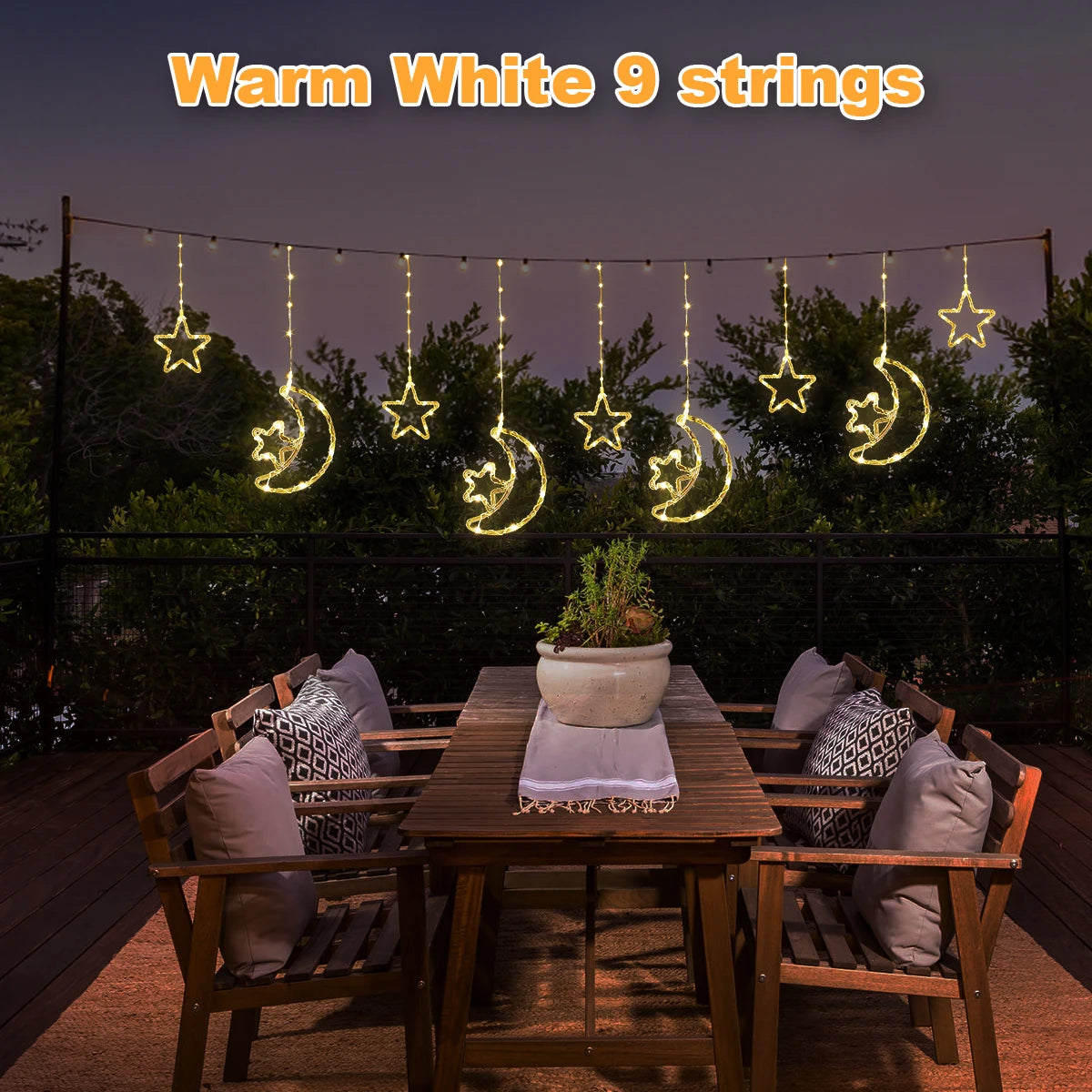 LED Decor Light Solar Moon Star Lights String Light Outdoor Waterproof Solar Powered Curtain Lights with 8 Modes Ramadan Hanging