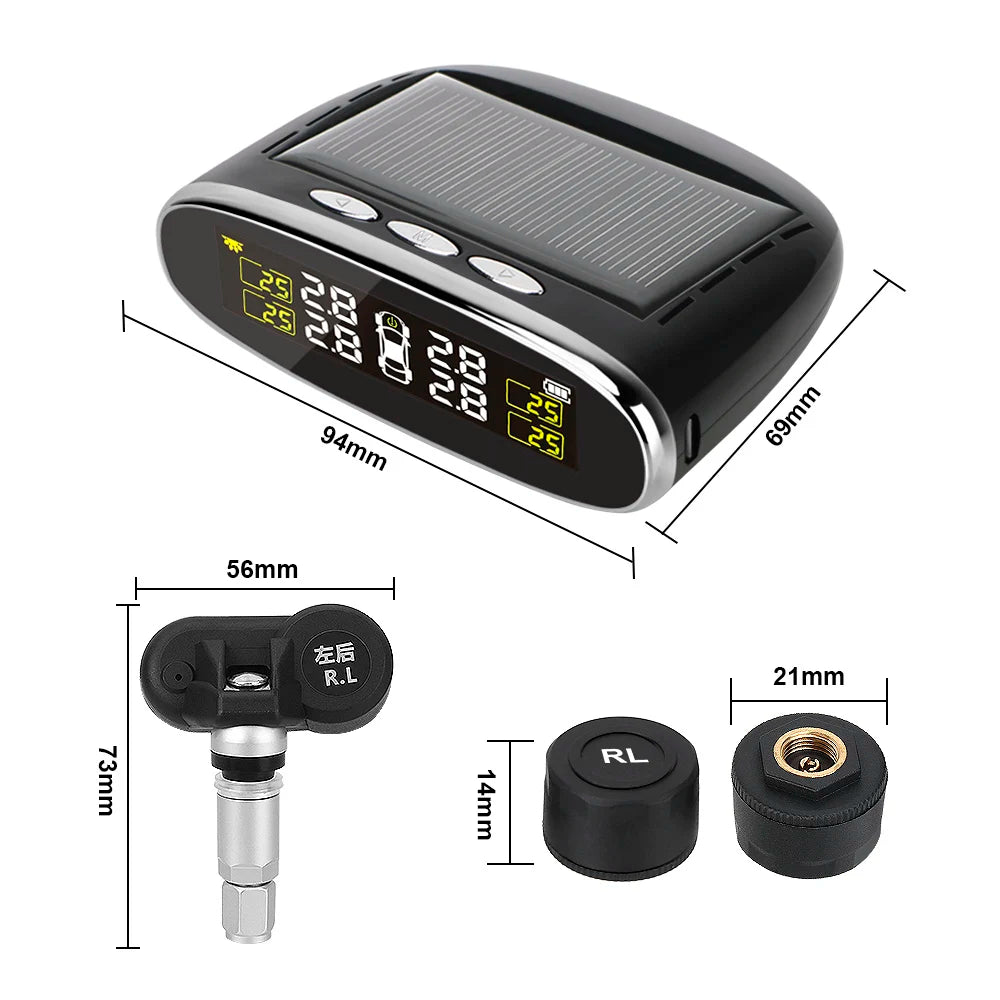 Car Tire Pressure Alarm Monitor System Solar Power TPMS Temperature Alert LCD Display With 4 Internal/External Sensor