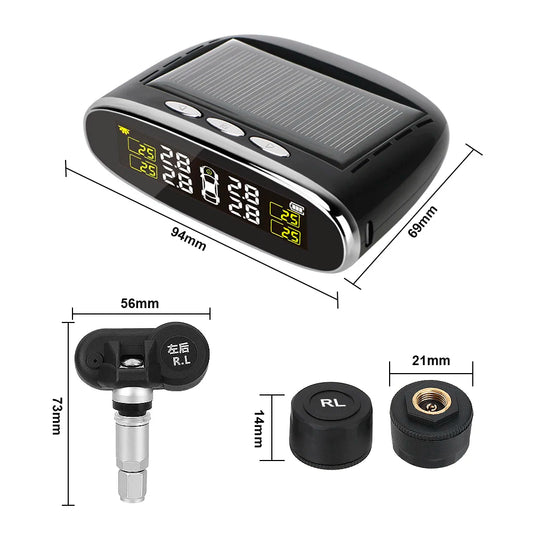 Car Tire Pressure Alarm Monitor System Solar Power TPMS Temperature Alert LCD Display With 4 Internal/External Sensor