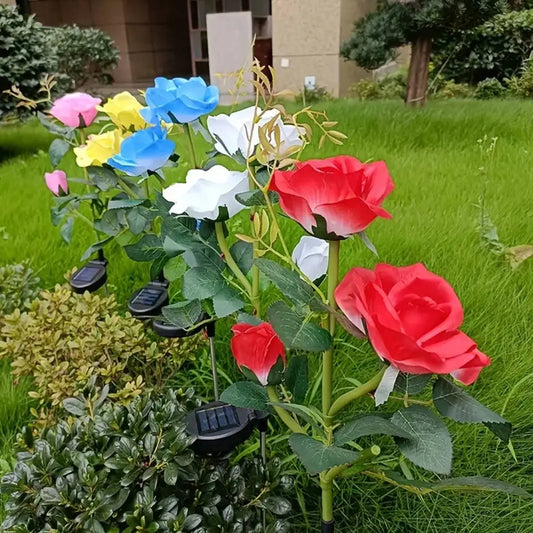 1pcs Outdoor Waterproof Solar Rose Lights with 3 Realistic Lighted Flower Heads Garden Decorative Lamp For Home Patio Decoration