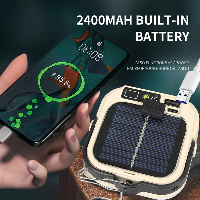 Solar LED Camping Lamp Warm Atmosphere Light 2400MAh USB Rechargeable Portable Hook Tent Lantern Waterproof Emergency Floodlight