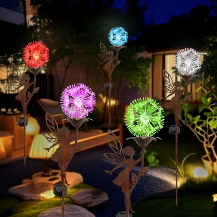 Solar Flower Dancing Dandelion Fairy Garden Sculptures Light Garden Ornaments Art Decorations for Outdoor Yard Lawn Patio