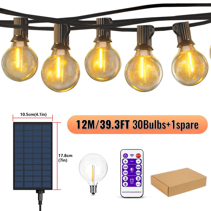 Solar String Lights Outdoor G40 Patio Lights, USB Recharger, 8 Light Modes, Shatterproof Bulbs , Weatherproof Hanging Light