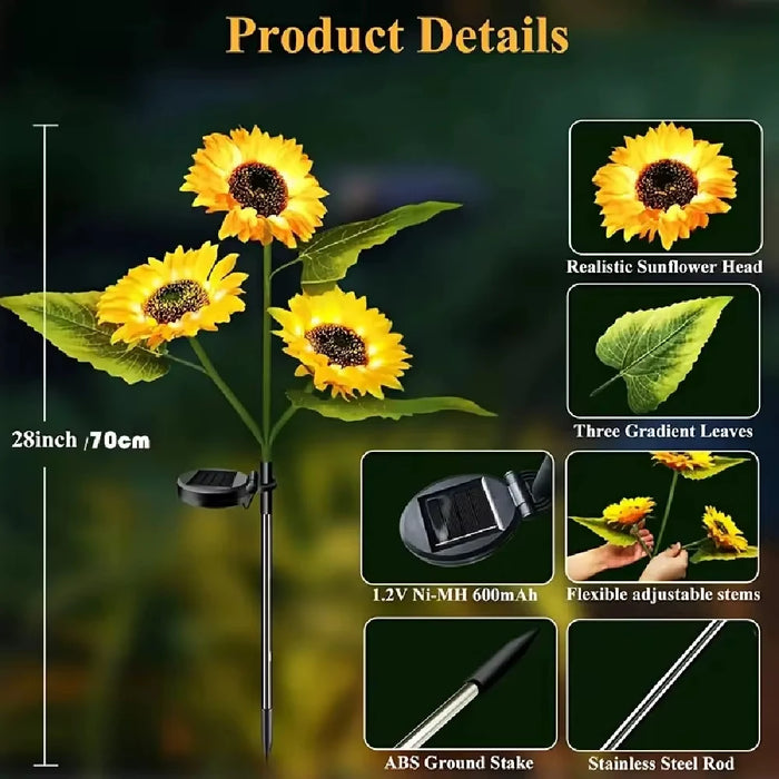 Solar Sunflower Lights 3 Head Outdoor Artificial Flower Decorative Lights Garden IP65 for Lawn Pathway Roof Christmas Decoration