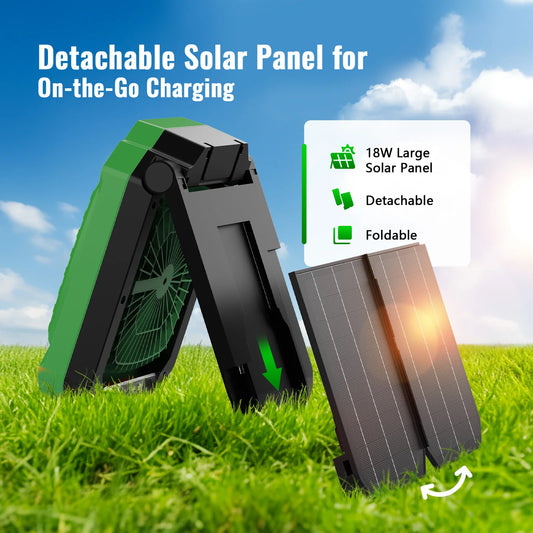 Solar Camping Fan With Foldable&Detachable 18W Solar Panel&20000mAh Rechargeable Battery LED Lantern 3-Speed Silent Timer Hook