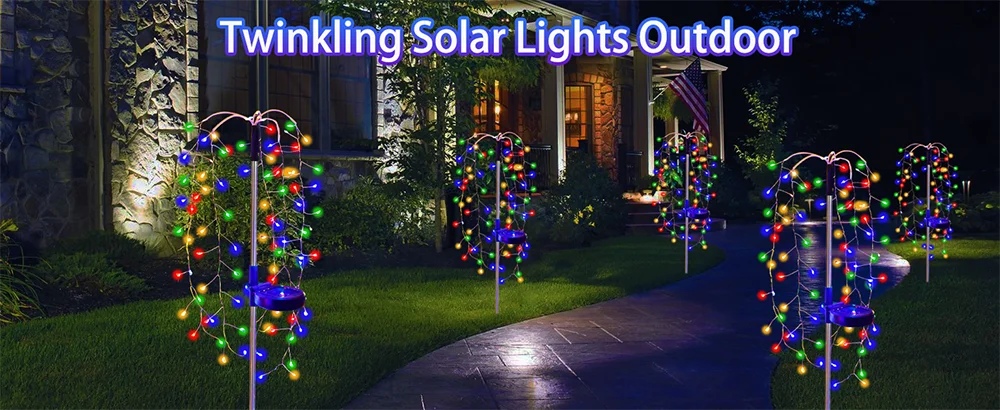 Solar-Powered Garden Lights Outdoor Waterproof Firecracker Fireworks Lights for Patio Pathway Lawn Party Camping Decoration