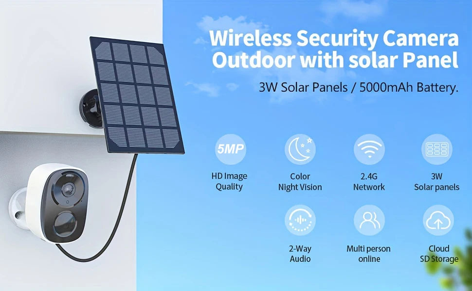 SANSCO 5MP Solar WIFI Surveillance Camera PIR Motion Detection 110° Wide Angle Outdoor Wireless Battery Security Protection CCTV