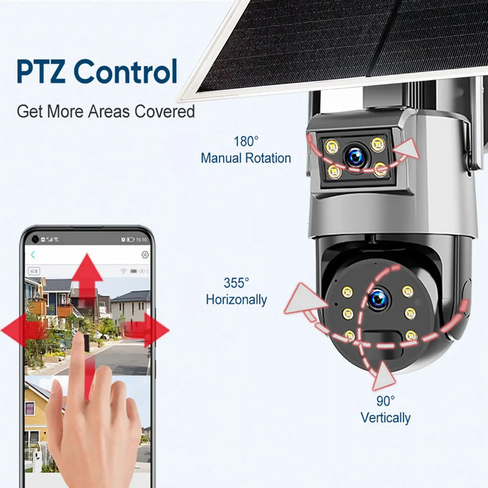 Outdoor Solar Security Camera Lamp Dual Lens 1080P WiFi 4G Alarm 10000mAh PTZ Motion Detect Dual Light Wall Mount
