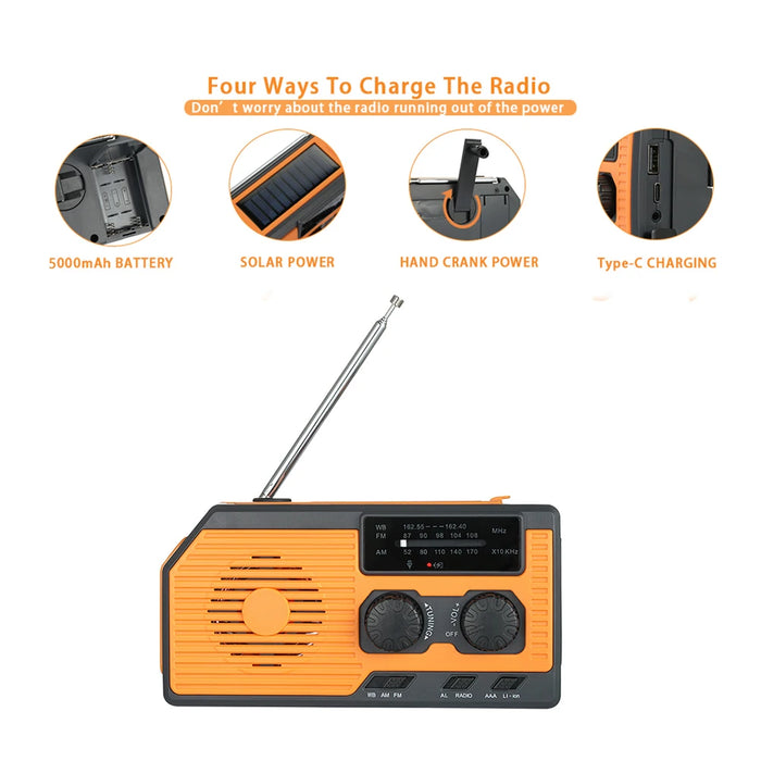Solar Hand Crank Radio Portable Multifunctional Radio AM/FM/WB NOAA Weather Radio LED Flashlight Power Bank for Outdoor Camping