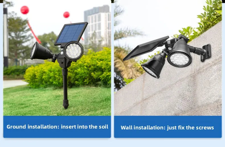 Solar spotlights for outdoor courtyard landscapes, dual head ground penetrating trees, human body sensing lawn lights