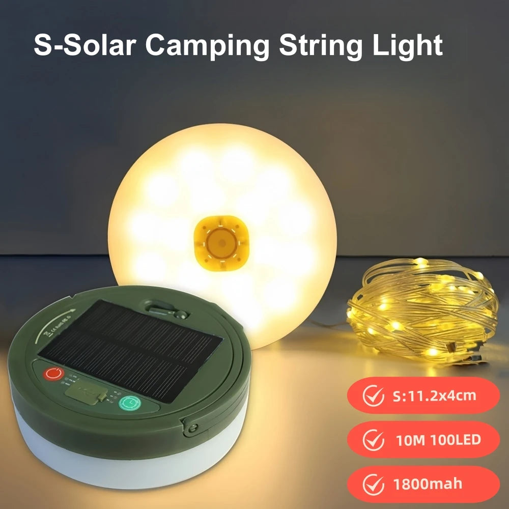 Solar Camping Lamp with String Lights LED Portable Waterproof Tent Lamp with 8 Lighting Modes Hanging Rechargeable Tent Lantern