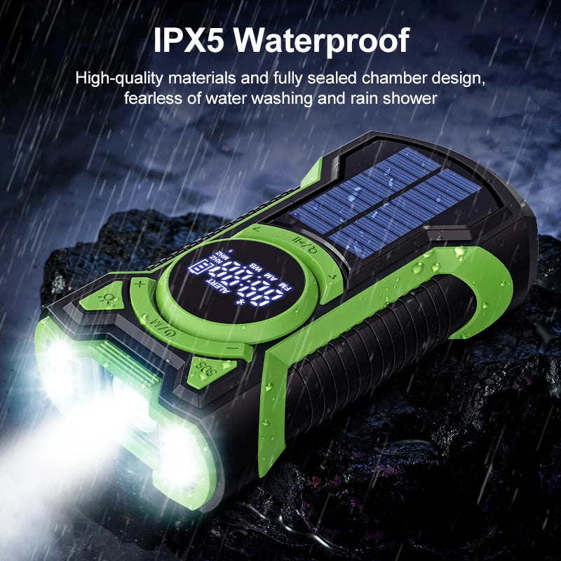 Solar Emergency Weather Radio Waterproof Hand Crank Weather Alert Radio 5000mAh Bluetooth-Compatible5.3 LED Flashlight SOS Alarm