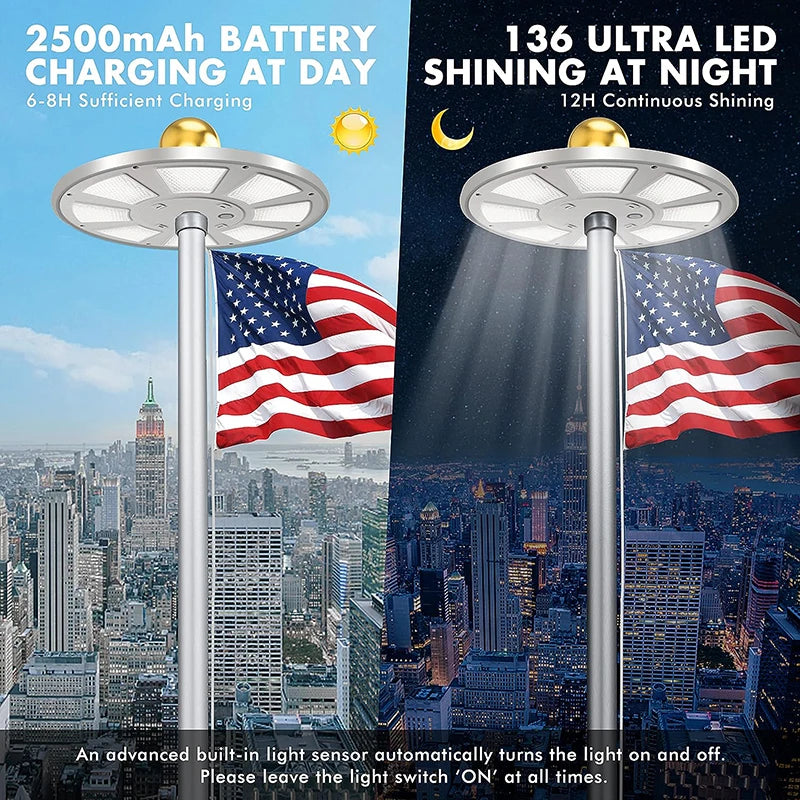 136 LED solar flagpole light, suitable for flagpoles 15-25 feet, 12 hour automatic switch from dusk to dawn, white and black