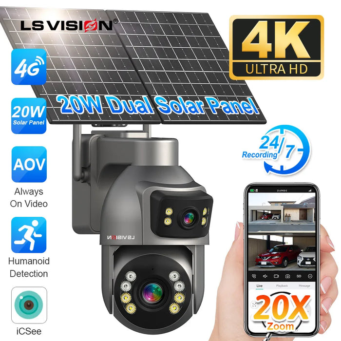 LS VISION 8MP 24/7 Video Recording AOV 4G Solar Camera Dual Screens Outdoor 20X Optical Zoom 50m Detection Distance CCTV Cameras