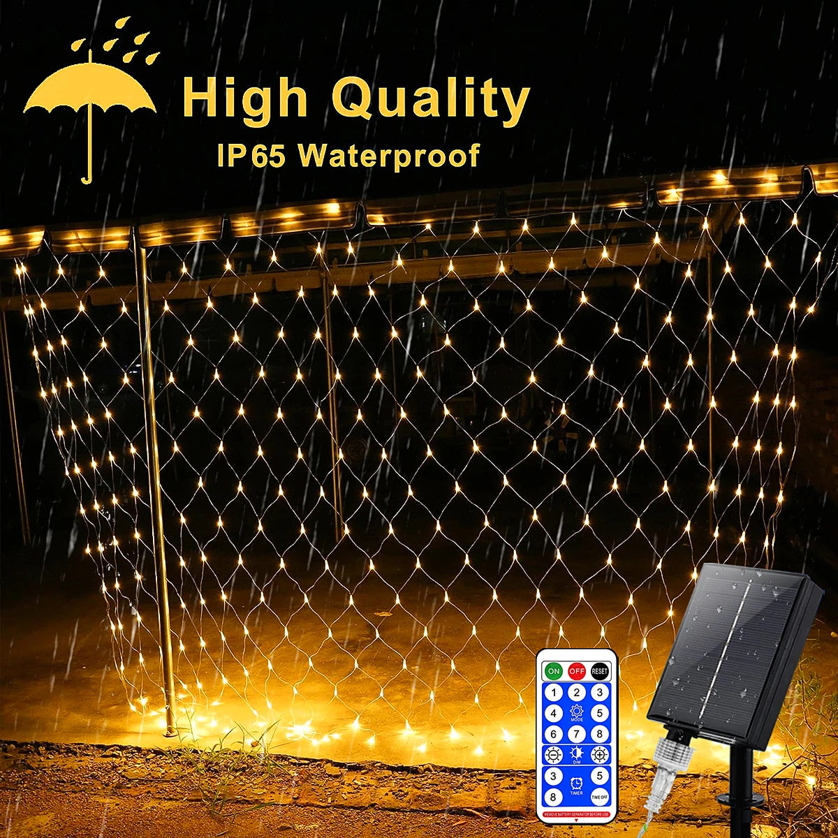 1pc Solar Net Lights Bush Net Lights Mesh Lights 8 Modes Remote Control Auto On/Off Outside Twinkle Lights For Patio Wall Roof