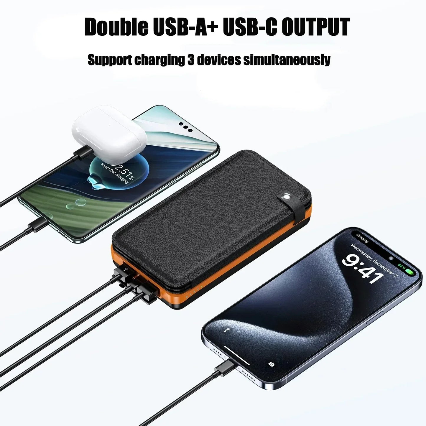 30000mAh Solar Power Bank Flip Panel Large Capacity iOS/Android USB fast charge dual charging solar/Type-C portable for camping