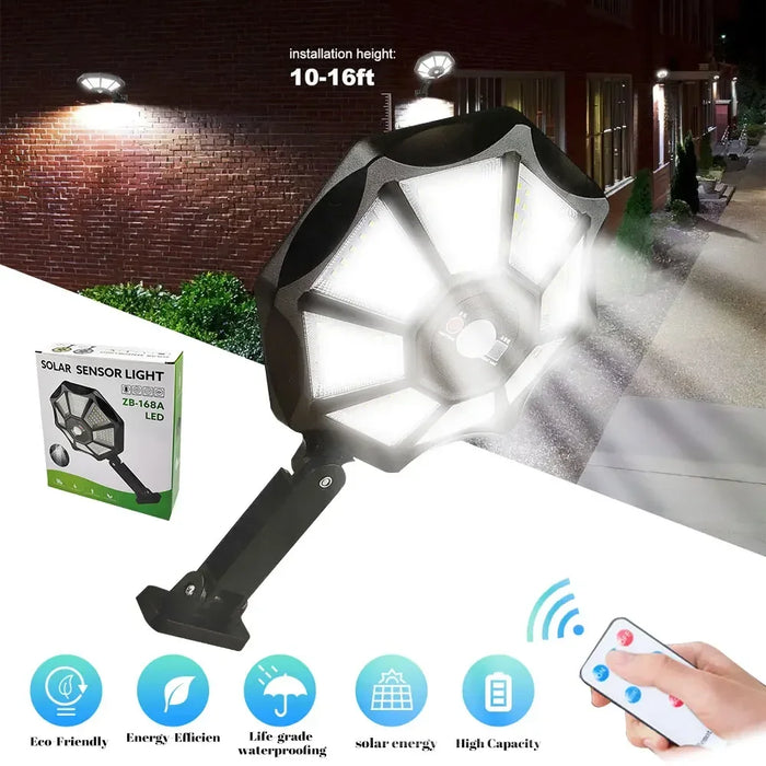 Outdoor Solar Flood Light 168LED Motion Sensor IP65 Waterproof Octagonal Design Dusk to Dawn 360° Adjustable Parking Lot Lights