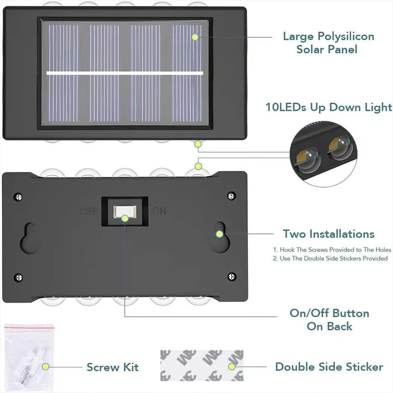 1~4Pack Solar Wall Lights Outdoor 16LED Waterproof Lamp Up And Down Convex Lens Lighting For Garden Landscape Balcony Decoration