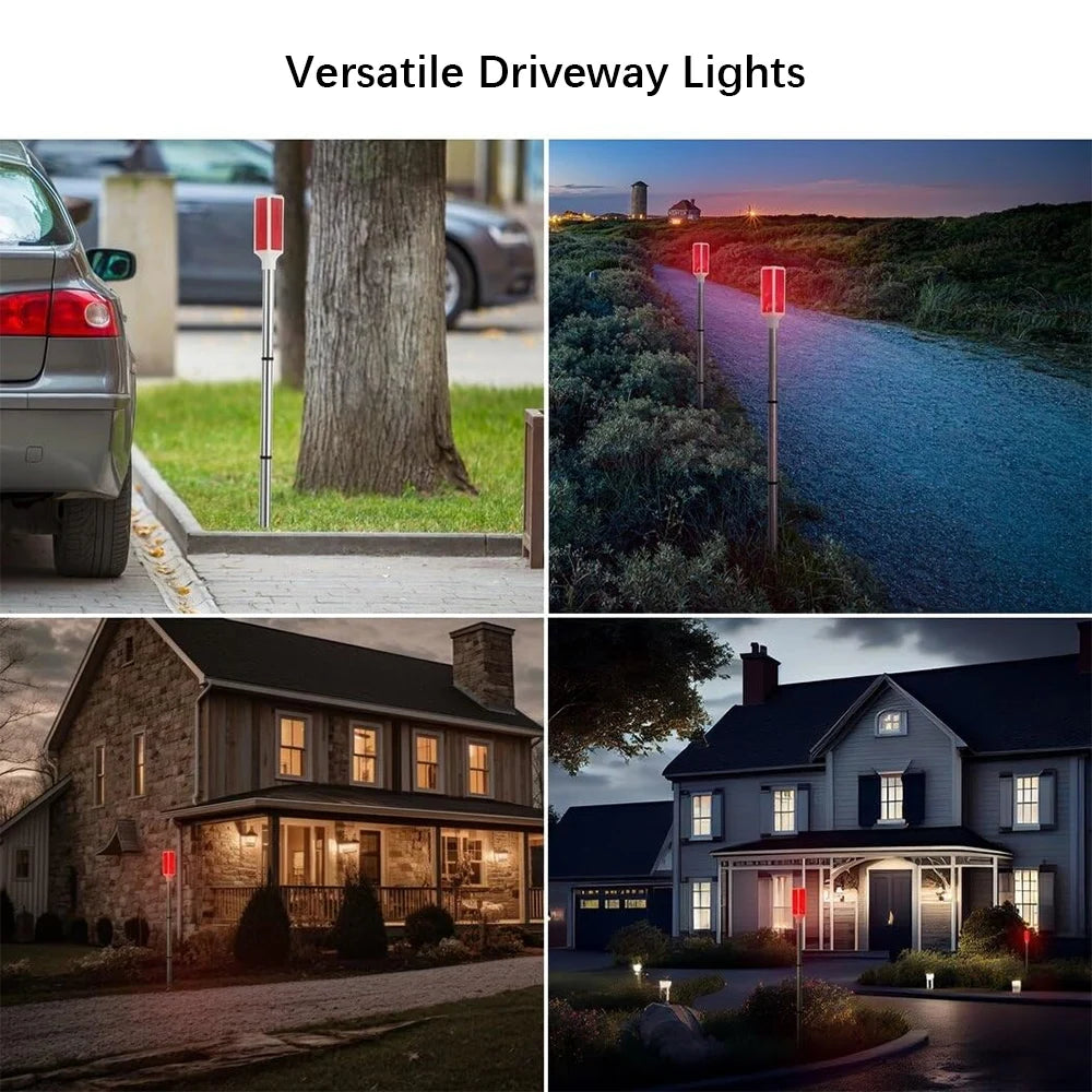 Solar powered bollard lights with multiple color and lighting mode options.，Suitable for driveways, gardens, and paths.