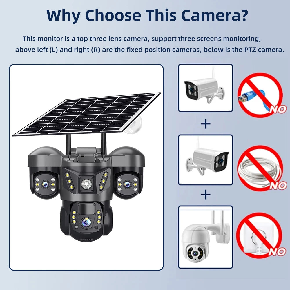 15MP 4G Solar Camera PTZ Outdoor CCTV Triple Lens Three Screen PIR Colour Night Vision Weatherproof V380 PRO Cameras