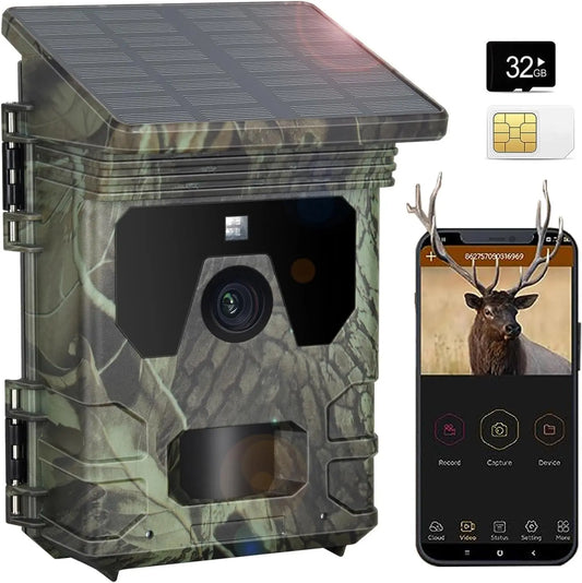 Solar Charging Hunting Camera, Outdoor Game Cam, Night Vision, 120 ° Detection, Wildlife Recording, 2K, 30MP, 4G