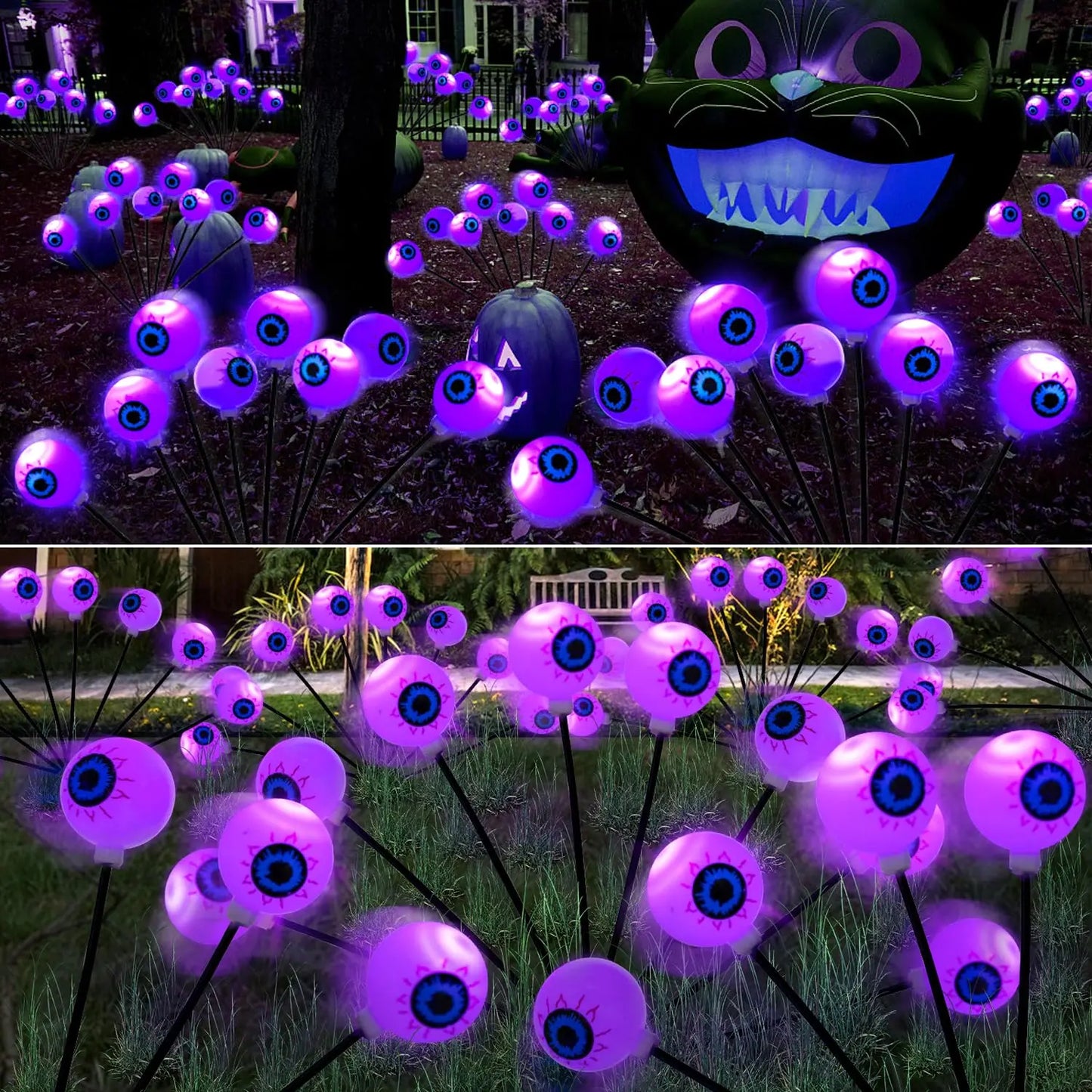 Halloween Outdoor Solar Eyeball Lights-LED Green&Purple Glow, Swinging Firefly Effect,for Creepy Yards, Lawns & Halloween Haunts