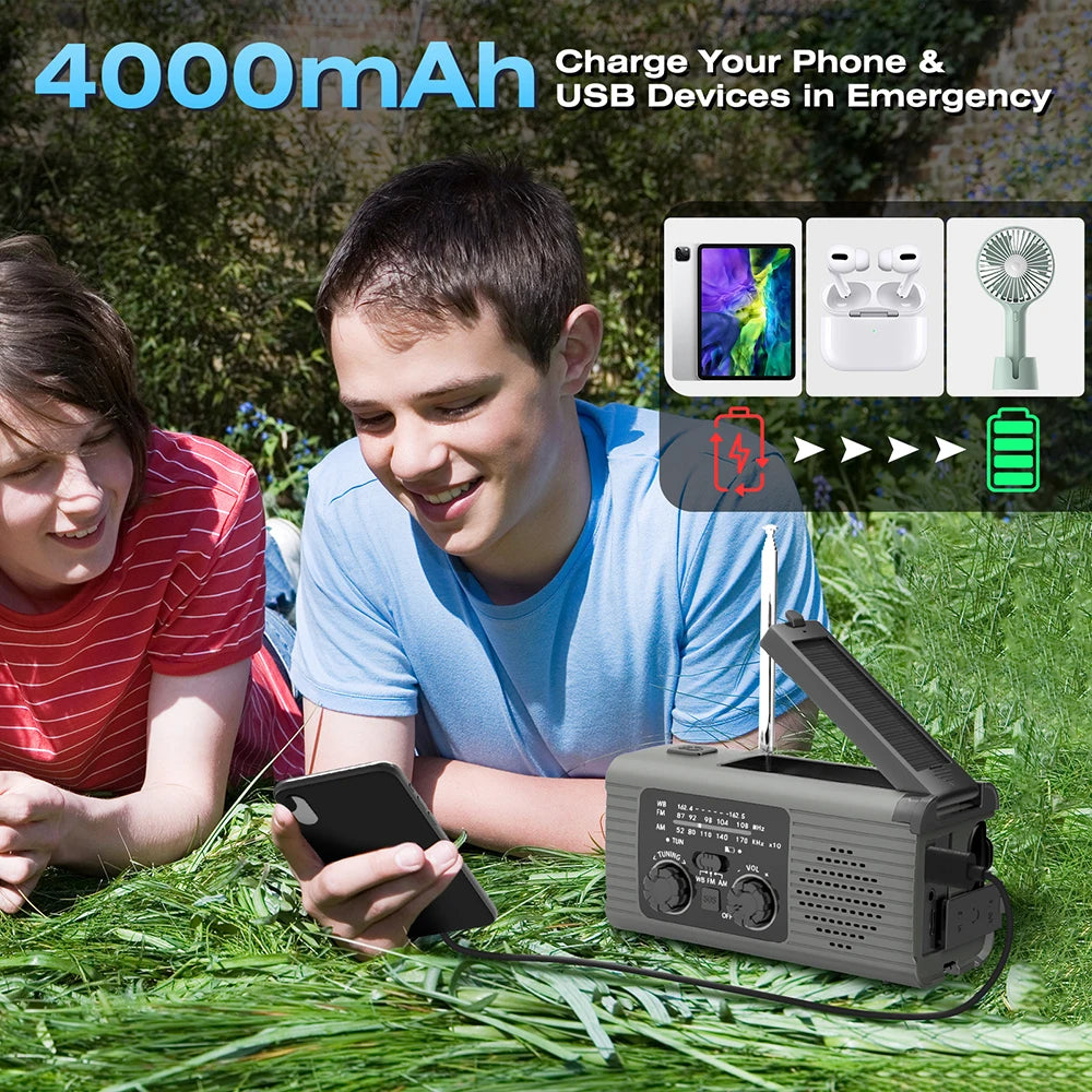 SOS Alarm Emergency Hand Crank Radio AM/FM NOAA Solar Power USB Chargeable 4000mAh Power Bank Portable Radio with LED Flashlight