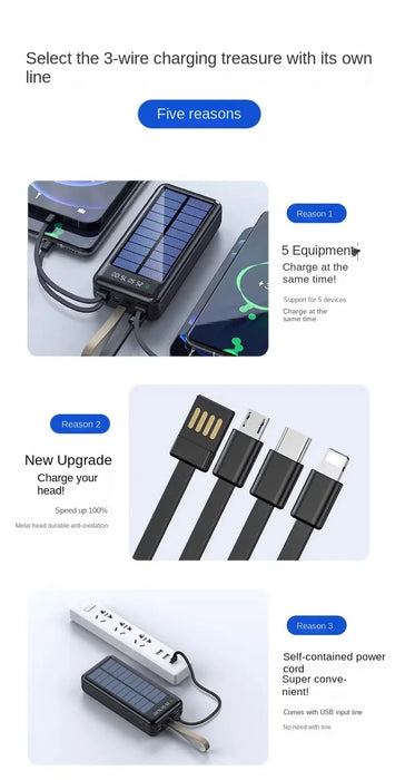 Solar power bank large capacity 100000 mAh fast charging with its own line mobile power supply 80,000 outdoor riding