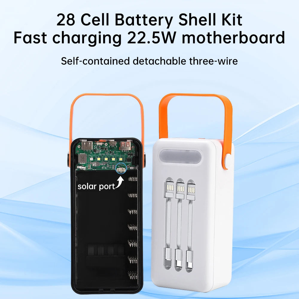 22.5W Fast Charging Mobile Power Supply Kit Solar 28-Cell 18650 Flat-Head Battery Power Bank No Welding, No Battery Included