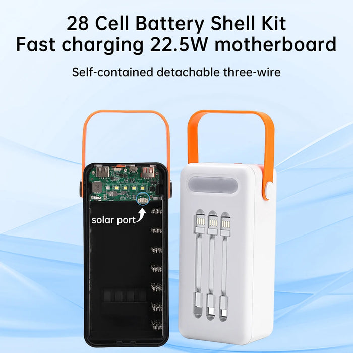 22.5W Fast Charging Mobile Power Supply Kit Solar 28-Cell 18650 Flat-Head Battery Power Bank No Welding, No Battery Included