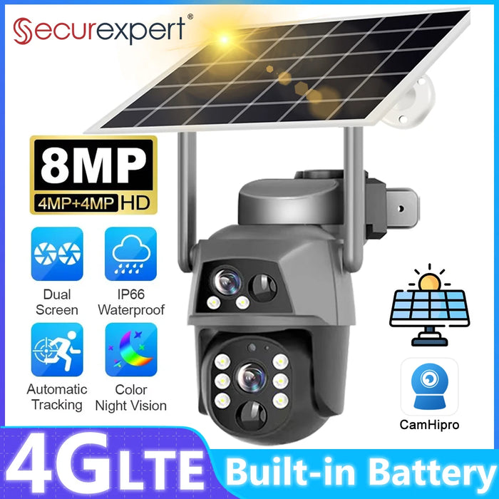 Solar Camera 4G Sim Card Outdoor Dual Lens 8MP 4K IP Camara With Solar Panel CCTV Security Built in Battery PIR Motion Detection