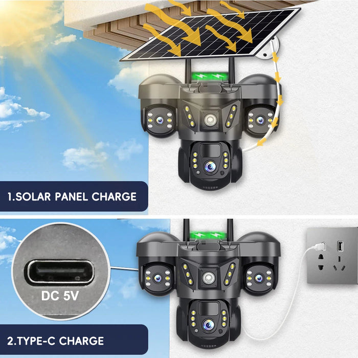 Solar Power 4G Camera With Europe Sim Card Triple Lens Three Screens Outdoor Waterproof Battery CCTV Security V380 Video Camaras