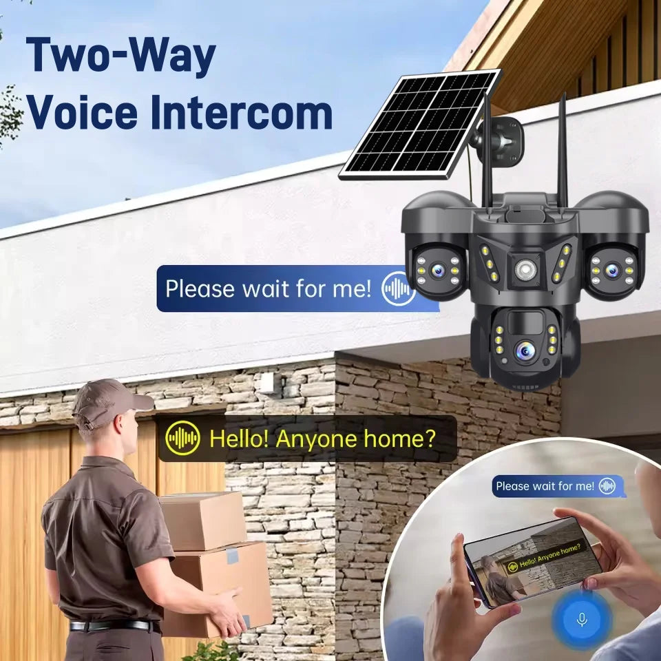 Solar 4G Camera 15MP Triple Lens Triple Screen 10x Zoom Outdoor Waterproof Battery Surveillan PIR Human Detection V380 Pro Cam