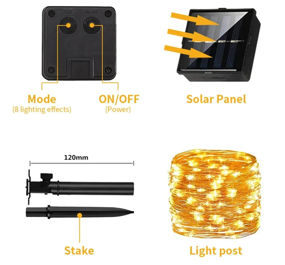 Solar String Fairy LED Lights Christmas Lights Waterproof Outdoor Garland Solar Power Lamp Christmas for Garden Decoration.