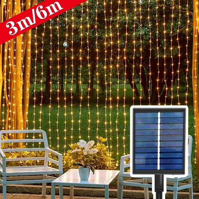 Christmas LED Solar Courtyard Curtain Lights Outdoor Waterproof Fairy String Lights with 8 Modes Garden Window Bedroom Wedding