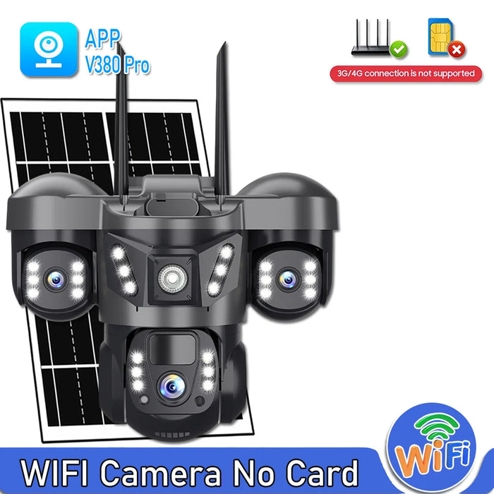 Solar WIFI IP Camera with Battery 15MP Three Lens Three Screen Monitor Night Vision Security Protection PTZ Video Surveillance