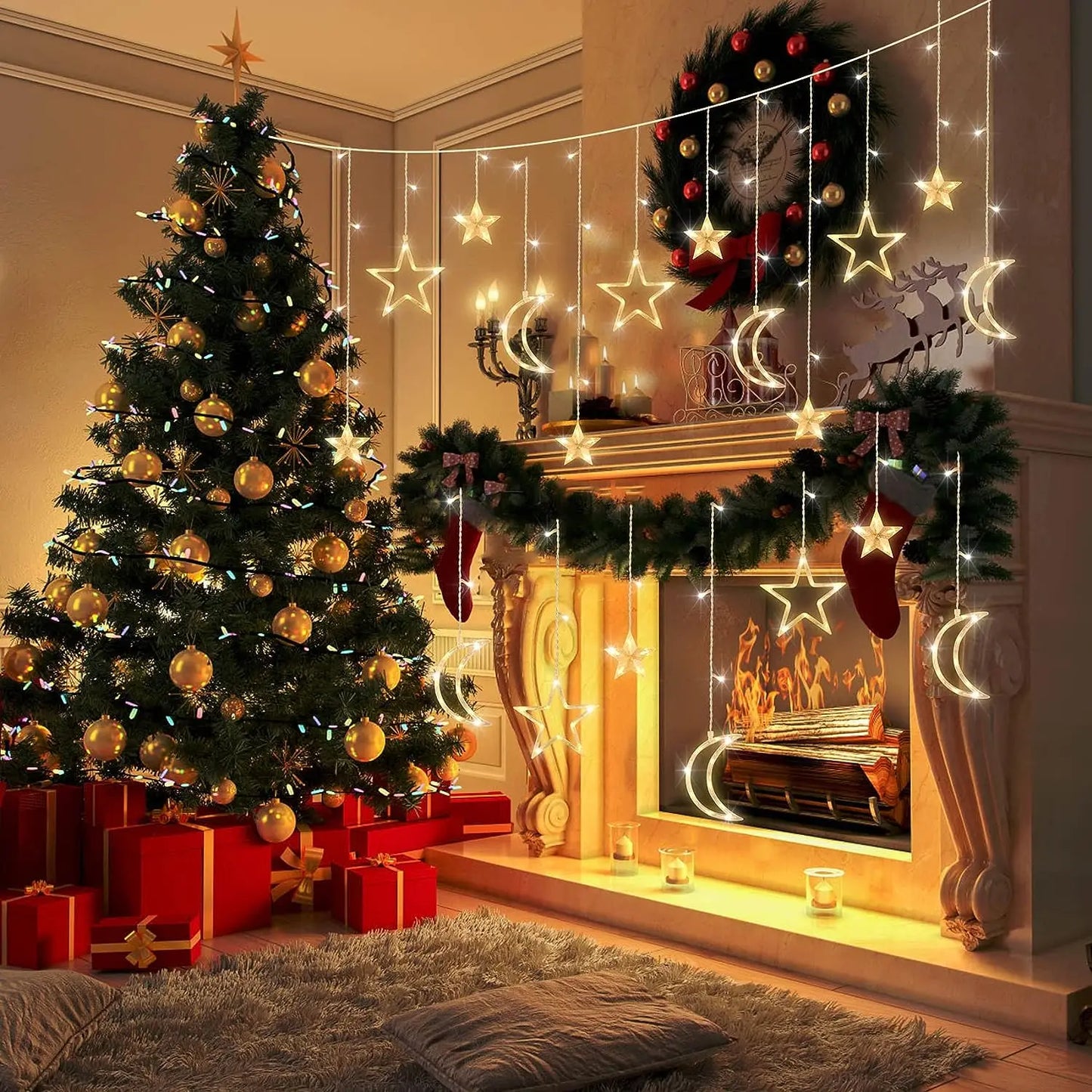 Star Moon Solar Battery String Lights 8Mode Outdoor Christmas Garland LED Fairy Light for Ramadan Festoon Wedding New Year Decor