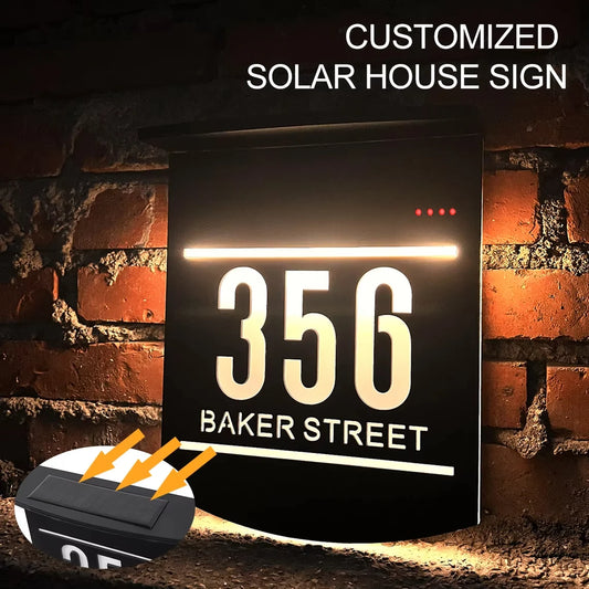 Personalized Solar House Sign Acrylic Plaque LED Customized Address Plaque Outdoor Street Name Solar House Number Sign