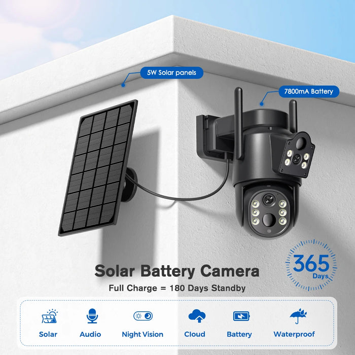 4K 8MP IP Solar Power WiFi Camera PTZ Outdoor IP66 Waterproof 7800mAh Built-in Battery Surveillance Camera PIR Human Detection