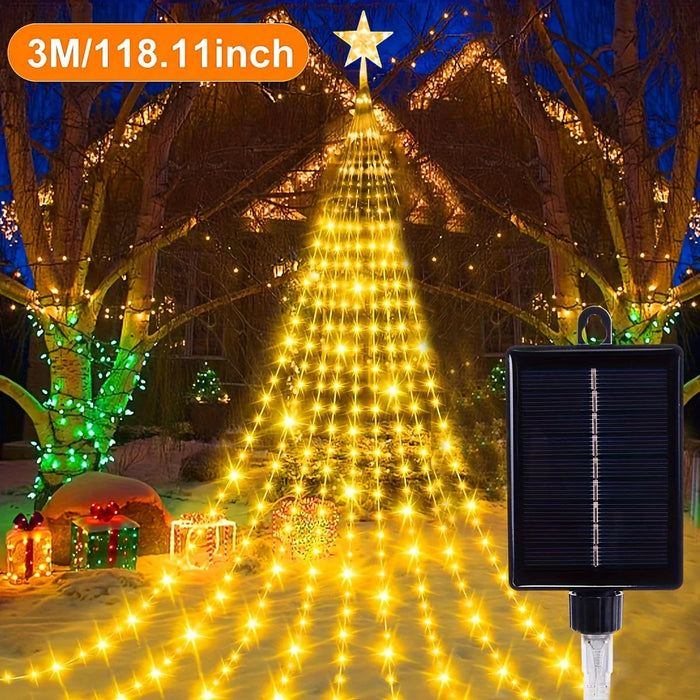 350 LED Solar Christmas Star String Lights 9 Strands Outdoor Fairy Waterfall Tree Lights  For Garden Yard Patio Xmas Decor