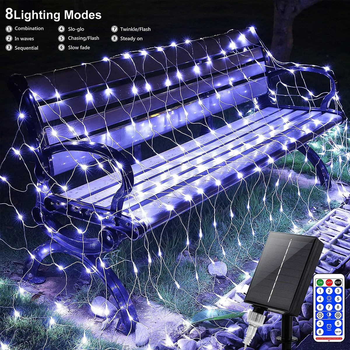 1pc Solar Net Lights Bush Net Lights Mesh Lights 8 Modes Remote Control Auto On/Off Outside Twinkle Lights For Patio Wall Roof