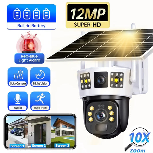 4G Solar Camera 6K 12MP Three Lens PTZ Dual screen PIR Human Tracking Color Night Vision Security CCTV Surveillance IP Camera