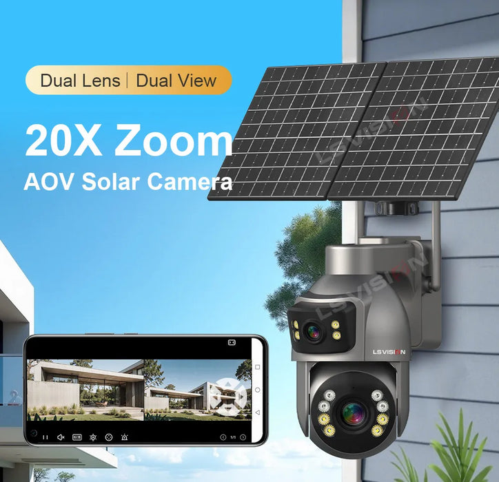 LS VISION 8MP 24/7 Video Recording AOV 4G Solar Camera Dual Screens Outdoor 20X Optical Zoom 50m Detection Distance CCTV Cameras