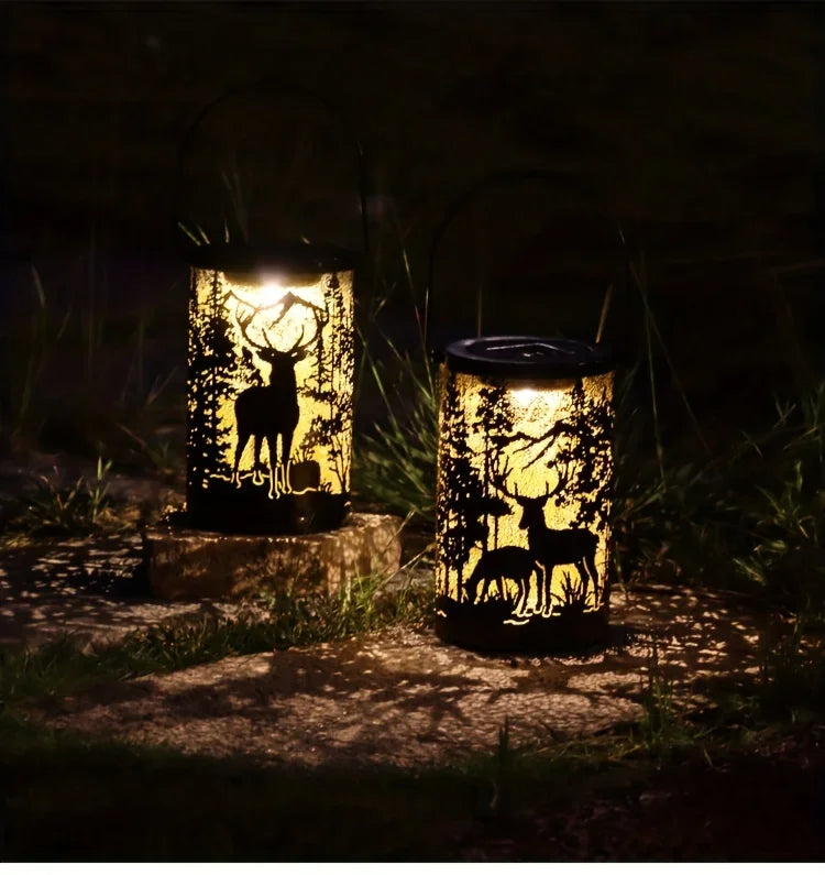 Solar Lantern Deer And Forest Pattern Hollow Projection Light Outdoor Garden Decor Threshold Courtyard Landscape Terrace Lamp
