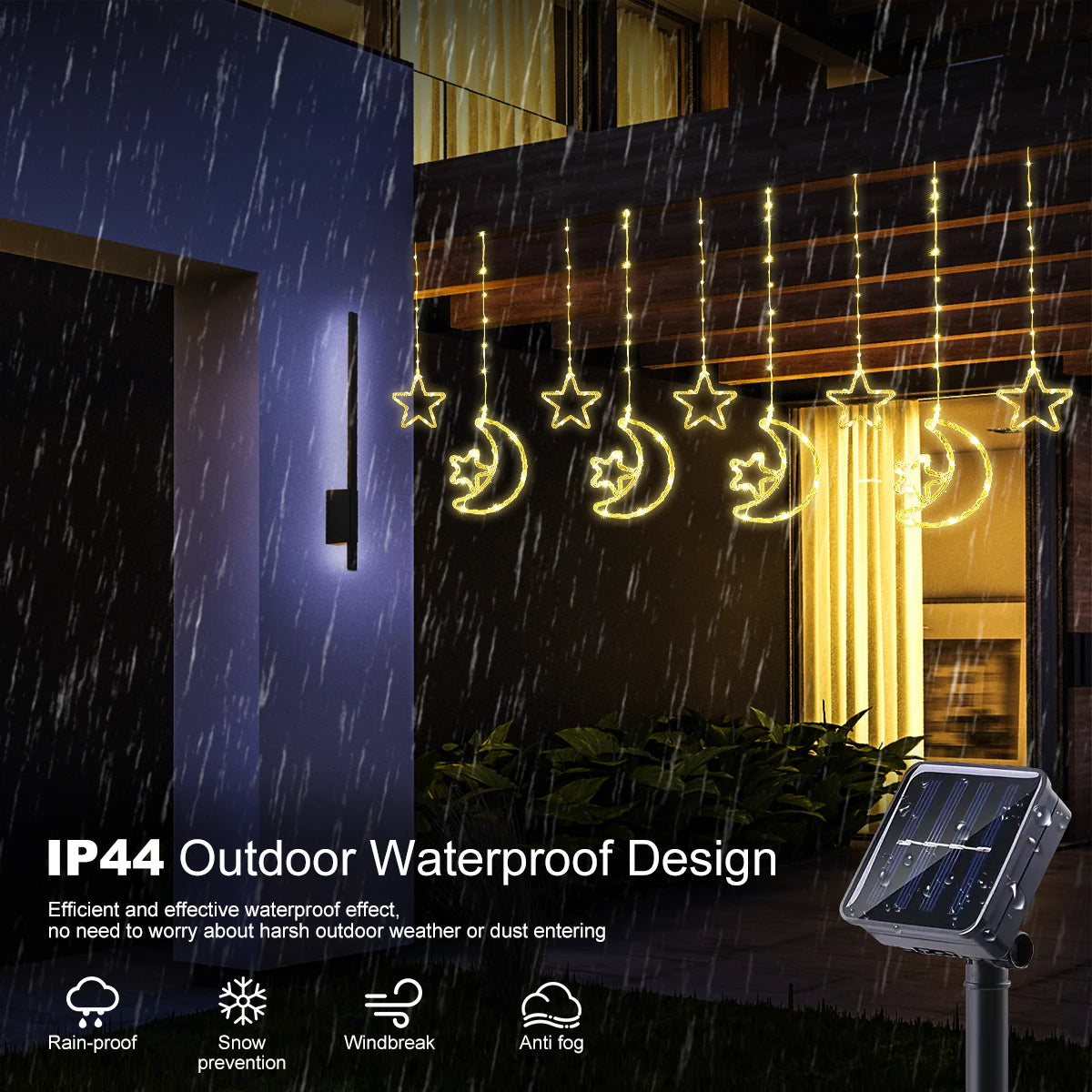 LED Decor Light Solar Moon Star Lights String Light Outdoor Waterproof Solar Powered Curtain Lights with 8 Modes Ramadan Hanging