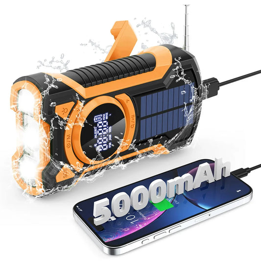 5000mAh Emergency Radio Hand Crank Solar, IP65 Waterproof Dustproof Bluetooth 5.3 Portable AM/FM/NOAA Weather Alert Radio